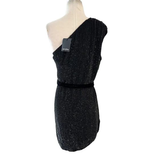 RETROFETE Ella Sequin Mini Belted Dress in Black Night Out Coctail sz Small - Picture 11 of 12